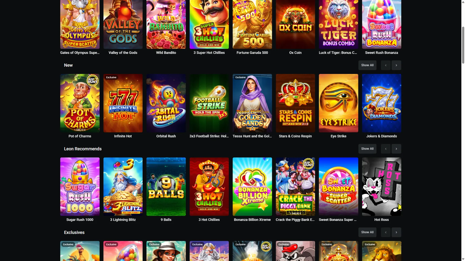 Leon Casino catalogue de jeux